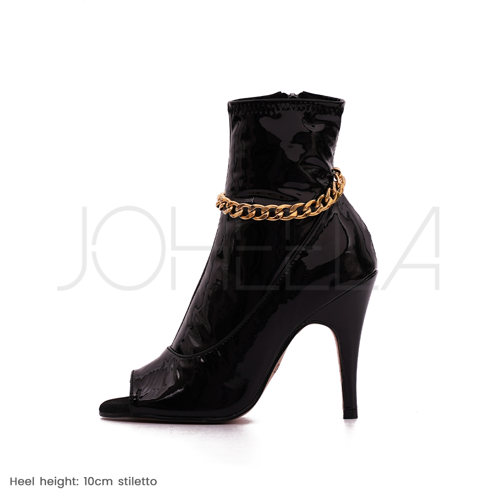 Aria ankle boots black patent with gold chains Heels heels dance Joheela